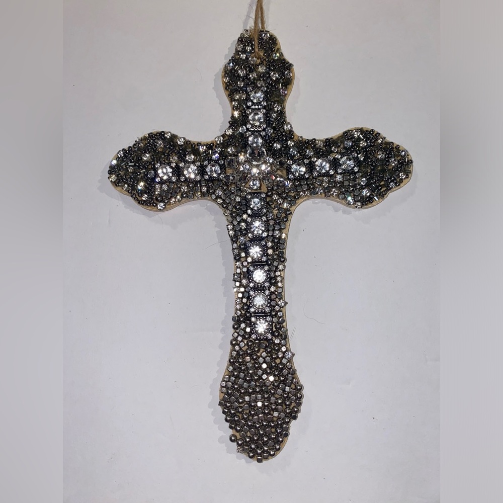 Artisanal Wood Cross w/ Repurposed Jewelry Deco of Silver, grey & Rhinestones